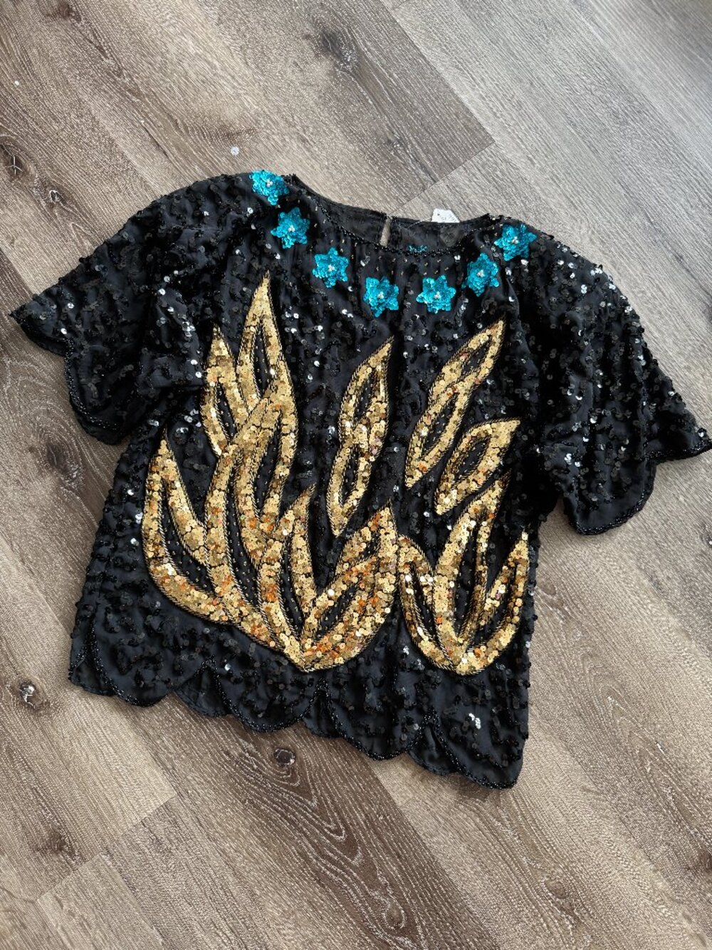 Vintage 1980s Pure Silk Trophy Top | Black Gold Sequin Turquoise Beaded Blouse